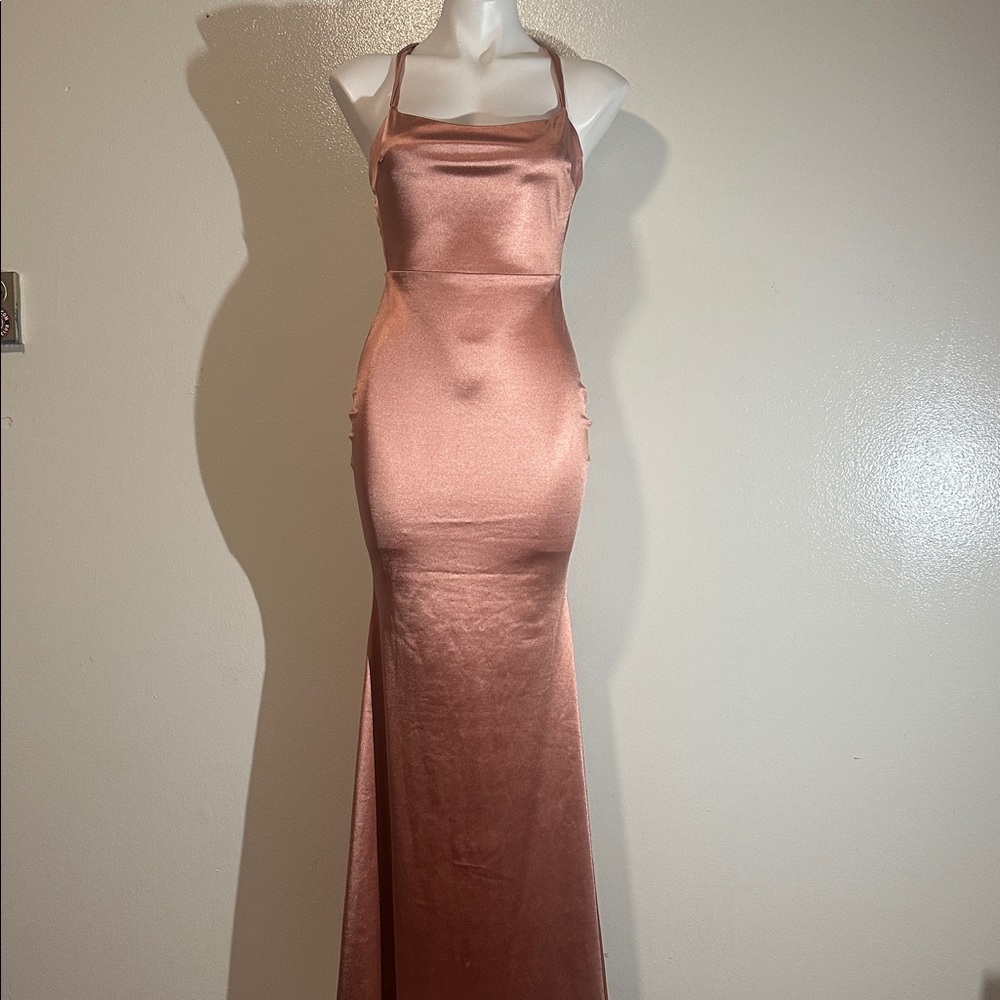 Satin Halter-Neck Evening Gown in Rose Gold